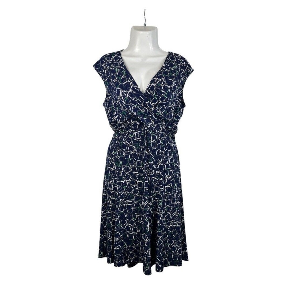 Chaps Faux Wrap Dress Large Navy & Green Abstract Print Sleeveless Church Career